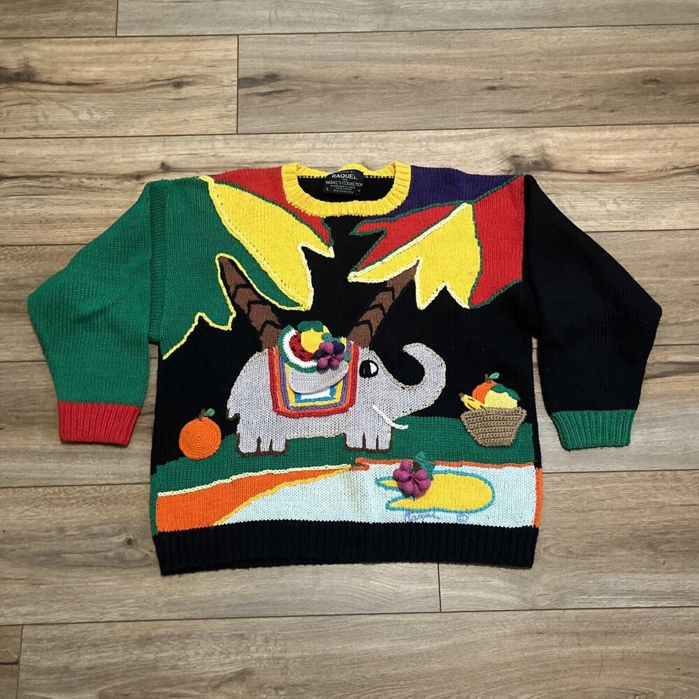 Raquel's Collection Sweater SZ Large Elephant Southwest Fiesta Funky Knit